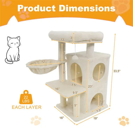 Multi-Level Cat Tree with 2-Tier Condo – 33.5-Inch Sisal Scratching Post Tower with Safety Strap for Indoor Cats