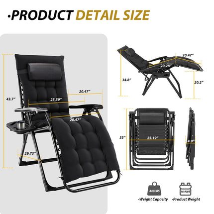 Zero Gravity Reclining Lounge Chair – Folding Patio Chair with Removable Soft Cushion & Cup Holder Tray – Supports 350lbs – Black