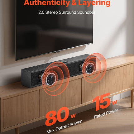 80W Sound Bar for Smart TV – 24-Inch 2.0 Channel Surround Sound System – Bluetooth 5.0, AUX & Optical Connection – Compact Home Theater Speaker with Remote Control
