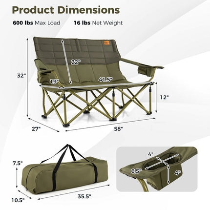 Oversized Padded Double Camping Chair – Thickened 2-Person Loveseat Couch – Heavy Duty Folding Seat with Cup Holders – Black & Gray
