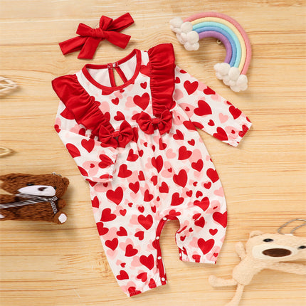 Baby Girl Valentine's Day Romper – Heart Print Long Sleeve Bodysuit with Ruffle Trim & Bow – Sweetheart Holiday Outfit
