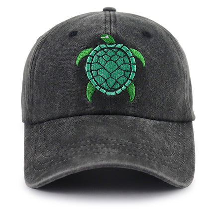 Embroidered Sea Turtle Washed Denim Dad Hat – Adjustable Cotton Baseball Cap for Outdoor Adventures & Daily Wear