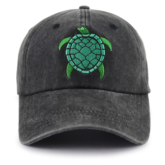 Embroidered Sea Turtle Washed Denim Dad Hat – Adjustable Cotton Baseball Cap for Outdoor Adventures & Daily Wear