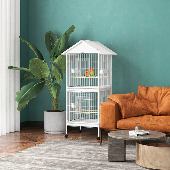 60-Inch Vertical Bird Flight Cage with Rolling Stand – Spacious Metal Bird House for Finches, Canaries, and Parakeets – Includes Storage Shelf