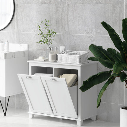 Double Tilt-Out Laundry Sorter with 2 Removable Bins – Space-Saving White Bathroom Cabinet – Contemporary Laundry Furniture