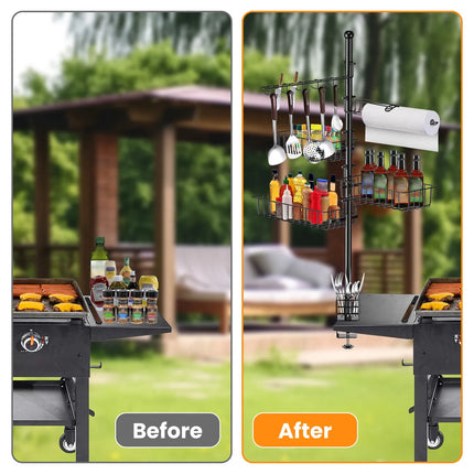 ProGrill™ Multi-Functional Griddle Caddy – All-in-One Standing BBQ Rack with Hooks & Storage Baskets