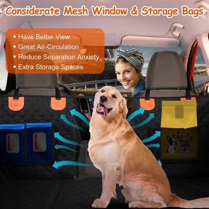 600D Heavy-Duty Dog Car Seat Cover – Full Protection Hammock with Side Flaps – Waterproof Rear Seat Protector with Mesh Window & Storage Bags