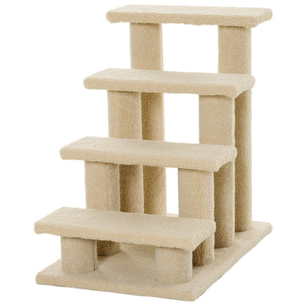 25" 4-Step Pet Stairs for Cats & Small Dogs – Multi-Level Carpeted Cat Tree with Scratching Post – Senior Pet Relief Steps in Cream White