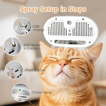 3-in-1 Steamy Cat Brush – Pet Steam Brush for Shedding & Grooming – Water Mist Spray Comb for Long & Short Haired Cats and Dogs – One-Click Hair Release
