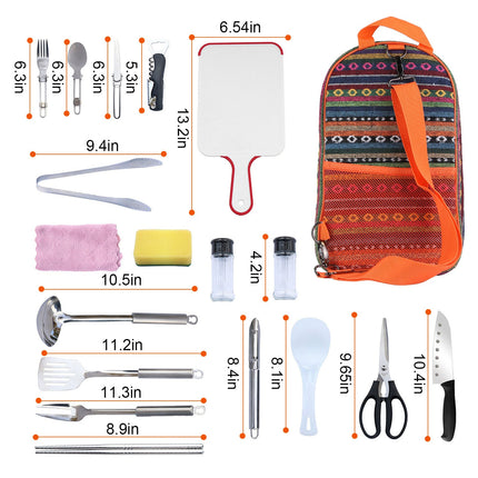 ProExplorer™ 19pcs Picnic Cookware Organizer – Heavy-Duty Campfire Utensil Set for BBQ, Hiking & Travel