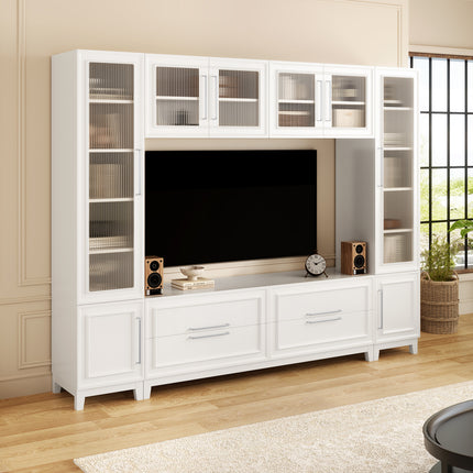 Vibe Haus 102" Modern White Entertainment Center – Large Wall Unit for TVs up to 75" – Minimalist Media Console with Glass Doors & Storage Drawer