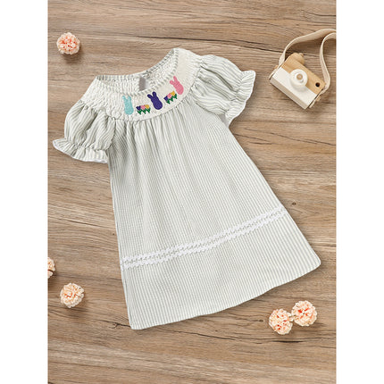 Baby Girl Easter Bunny Smocked Dress – Hand-Embroidered Rabbit & Carrot Party Outfit – Vintage Style Short Sleeve Spring Dress