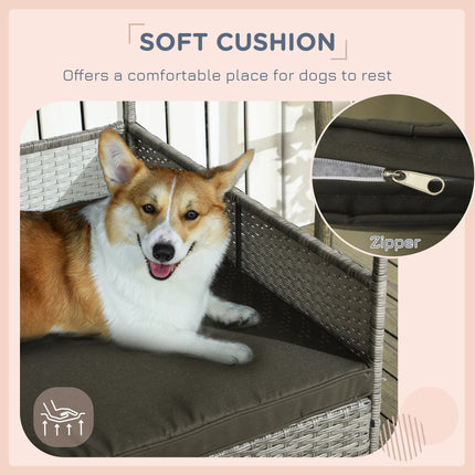 Luxury Rattan Outdoor Dog Bed with Removable Canopy – All-Weather Wicker Pet Daybed – Charcoal Gray Sofa with Washable Cushion for Medium & Large Dogs