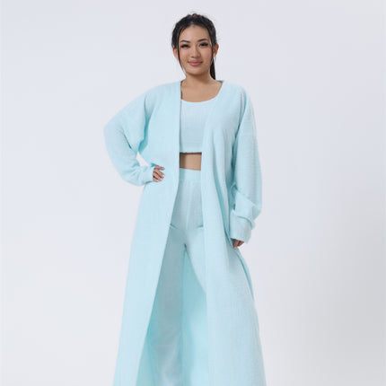3-Piece Fluffy Lounge Set – Ultra-Soft Plush Knit Pajama Set – Cozy Crop Top, High Waist Pants & Long Cardigan Trio – Winter Warm Sleepwear