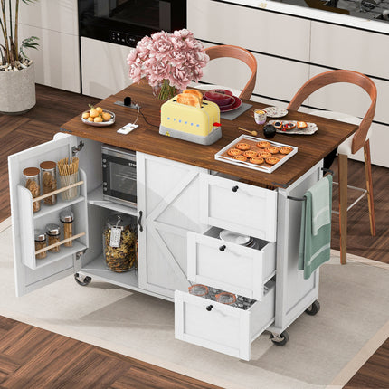 Farmhouse Rolling Kitchen Island with Power Outlet – Expandable Drop Leaf Countertop – Ample Storage with Drawers & Spice Rack – Mobile White Kitchen Cart for Dining & Prep