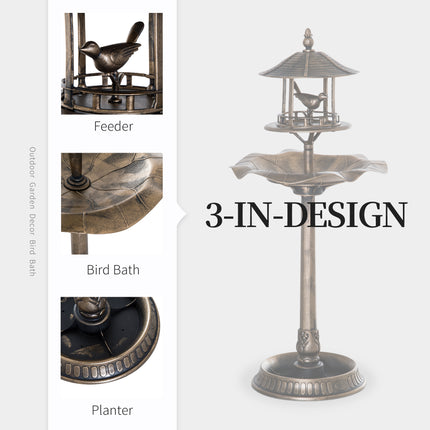 3-in-1 Garden Bird Bath & Feeder Pedestal – Large Water Basin with Built-in Flower Planter – Weather-Resistant Bronze Finish