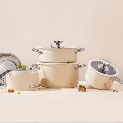 9-Piece Elite Ceramic Coated Cookware Set – Stainless Steel Pots & Pans with Steamer Insert – Sleek White & Silver