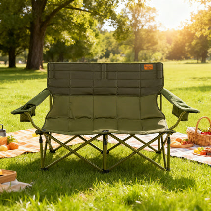 Oversized Padded Double Camping Chair – Thickened 2-Person Loveseat Couch – Heavy Duty Folding Seat with Cup Holders – Black & Gray