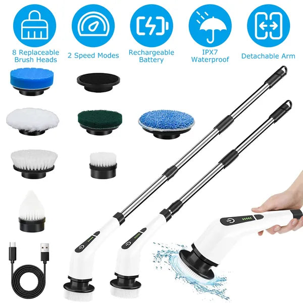 8-in-1 Electric Spin Scrubber – Cordless Power Cleaning Brush with Extendable Arm – 2-Speed Adjustable Scrubber for Bathroom, Tile, Floor & Car