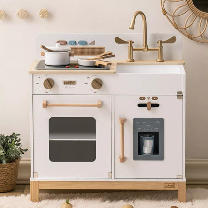 Robotime Wooden Play Kitchen Set – Modern White DIY Pretend Cooking Toy – Educational Chef Playset with Sink, Oven & Stove – Premium Gift for Boys & Girls