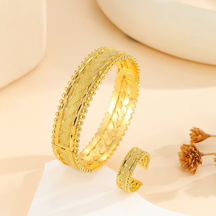 2Pcs Vintage Gold Plated Jewelry Set – Adjustable Open Cuff Bracelet & Matching Ring – Textured Metallic Jewelry for Women’s Festivals & Weddings
