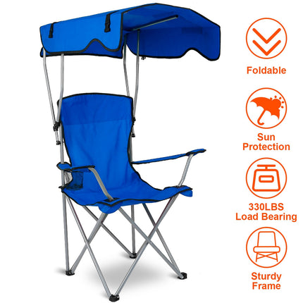 Heavy-Duty Ocean Blue Camping Chair with Canopy – 330lbs Capacity Folding Chair – Sunshade & Rain Shelter for Beach, Fishing & Patio
