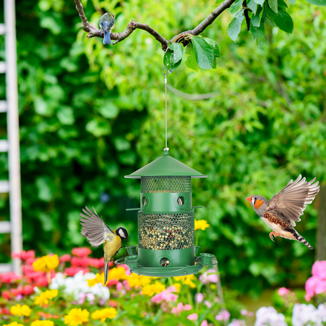 All-Metal Squirrel-Proof Bird Feeder – Chew-Proof Hanging Seed Dispenser with 360° Circular Perch & Integrated Water Cups – Heavy Duty Outdoor Feeder