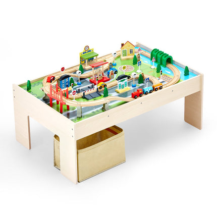 84-Piece Wooden Train Table Set – Complete Kids' Activity Station with Collapsible Storage Bin – Durable Play Table for Toddlers & Children