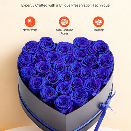 Forever Flowers Heart Box – 27 Real Preserved Royal Blue Roses – Eternal Immortal Bouquet – Luxury Anniversary & Valentine’s Day Gift for Wife