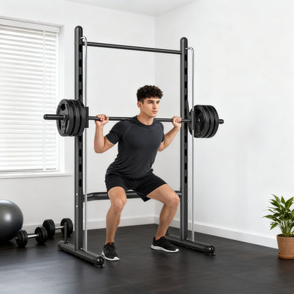 Multi-Function Half Squat Rack with Pull-Up Bar – Adjustable Bench Press Station & Barbell Holder – Heavy-Duty Strength Training Rack