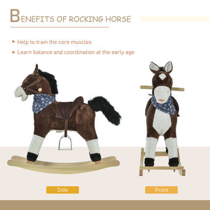 Plush Cowboy Rocking Horse – Wooden Ride-On Toy with Realistic Neighing & Galloping Sounds – Soft Brown Pony for Toddlers 3-6 Years
