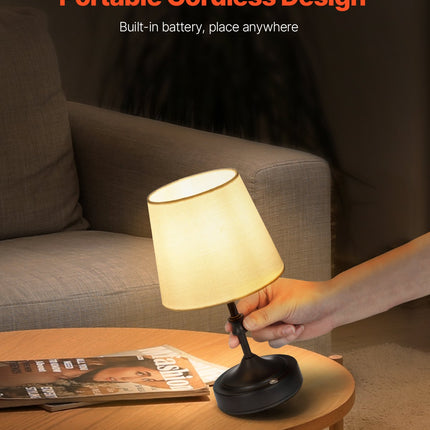 Cordless Black Table Lamp with 5200mAh Rechargeable Battery – Small Desk Lamp with Fabric Shade – 3-Level Brightness for Restaurant & Bedroom
