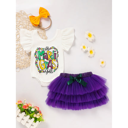 Baby Girl Mardi Gras 3-Piece Outfit Set – Ruffle Sleeve Letter Print Bodysuit, Mesh Tutu Skirt & Headband – Festive Carnival Costume