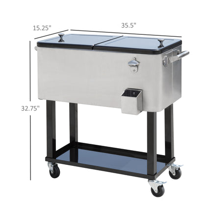 80 QT Rolling Outdoor Cooler Cart – Portable Ice Chest on Wheels – Insulated Drink Bin with Bottle Opener & Storage Shelf – Silver