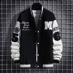 Men's Letter and Number Print Baseball Jacket with Button Front - M / Black