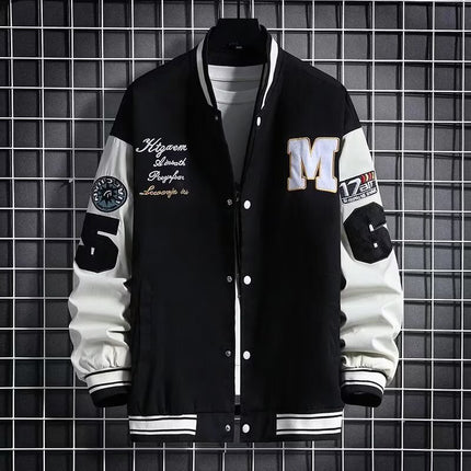 Men's Letter and Number Print Baseball Jacket with Button Front - M / Black