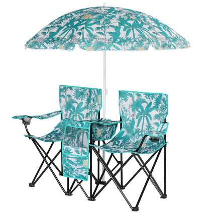 Double Folding Camping Chair Set with Removable Umbrella – 2-Seater Picnic Chair with Built-in Cooler Bag & Cup Holders – Blue