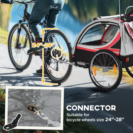 2-in-1 Double Baby Bike Trailer & Stroller – High-Visibility 2-Seater Child Wagon – Weather-Resistant Bicycle Trailer for Toddlers – Red
