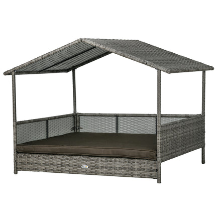 Luxury Rattan Outdoor Dog Bed with Removable Canopy – All-Weather Wicker Pet Daybed – Charcoal Gray Sofa with Washable Cushion for Medium & Large Dogs