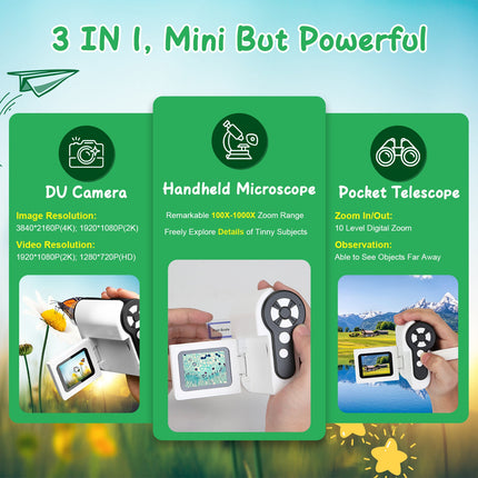 3-in-1 Digital Microscope & Telescope Camera for Kids – 1000X Zoom Handheld Microscope with LED Light – Includes 32GB Memory Card & 6 Sample Slides – STEM Science Gift