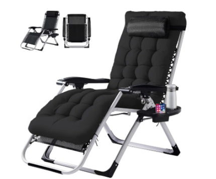 Zero Gravity Reclining Lounge Chair – Folding Patio Chair with Removable Soft Cushion & Cup Holder Tray – Supports 350lbs – Black