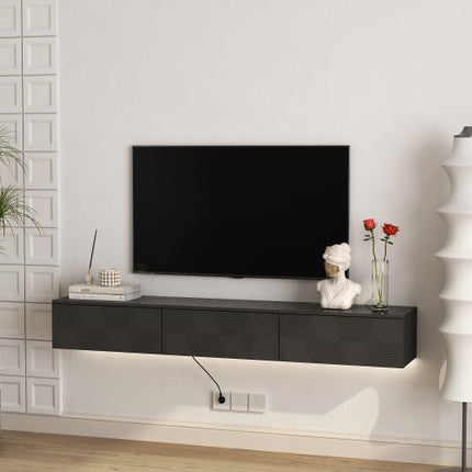 RGB LED Floating TV Cabinet in Glossy Black – Wall Hanging Gaming Media Stand – Modern Minimalist Entertainment Unit with Remote Control