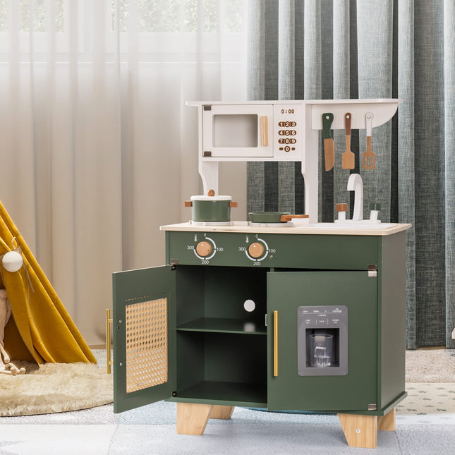 Robud Wooden Play Kitchen Toy Set for Kids – Vintage Green Chef Pretend Playset with Cooking Accessories – Educational Montessori Gift for Boys & Girls