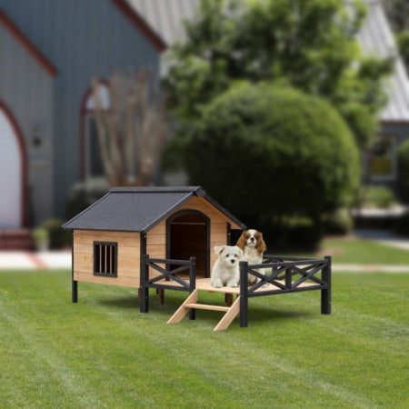 Luxury Cabin-Style Wooden Dog House with Front Porch – Large Outdoor Pet Kennel with Raised Floor & Weatherproof Roof – Rustic Garden Sanctuary