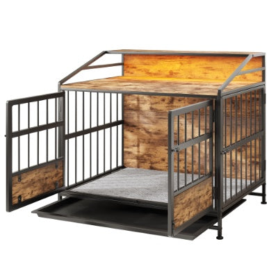Luxury Furniture-Style Dog Crate with Storage Shelves – Large Wooden Pet Kennel with Double Doors – Decorative Dog House & Console Table (Rustic Brown)