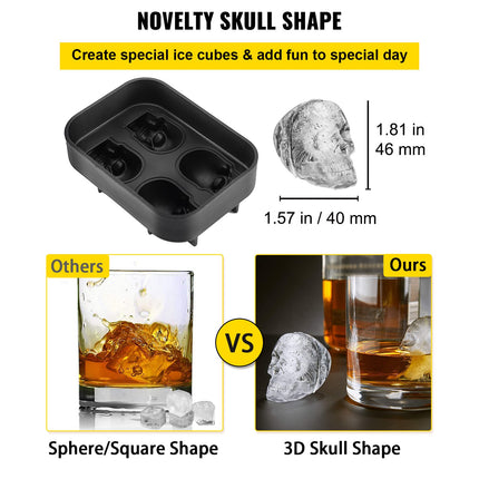 4-Grid Skull Ice Cube Tray – Flexible Silicone Mold with Lid & Funnel – 1.6"x1.8" Skull Ice Maker for Whiskey, Cocktails & Halloween