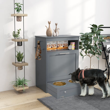 Wooden Pet Feeder Station with Storage Cabinet – Hidden Pull-Out Dog Food Bowl Drawer – Airtight Dog Food Storage Locker with Raised Bowls