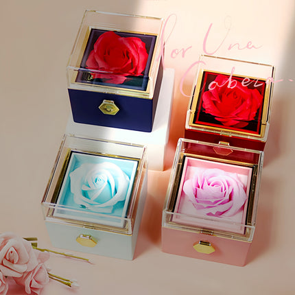 Creative Rotating Rose Jewelry Box – Eternal Soap Flower Gift Box for Necklace & Rings – Enchanted Spinning Rose Surprise for Valentine’s Day