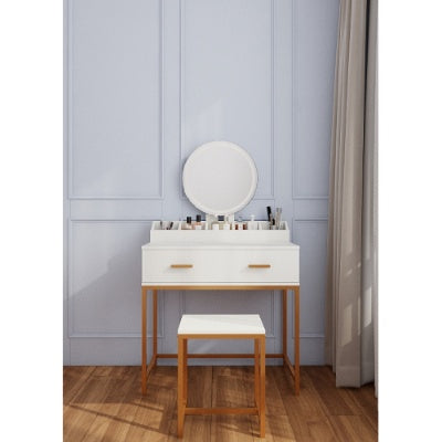 Aurora™ White & Gold Vanity Set – Compact Makeup Table with Mirror & Cushioned Stool