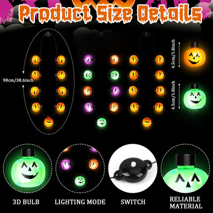 3pcs Halloween LED Light-Up Necklaces – Glow in the Dark Pumpkin Pendants – Spooky Party Favors & Costume Accessories for Kids